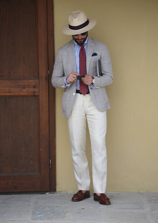 Men's Brown Leather Tassel Loafers, White Dress Pants, Light Blue Vertical Striped Dress Shirt, Grey Check Blazer