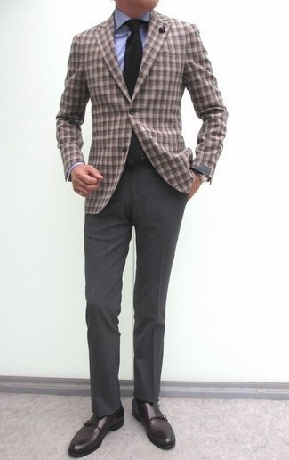 Dark Brown Gingham Blazer Outfits For Men: 
