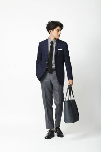 Charcoal Leather Tote Bag Outfits For Men: 