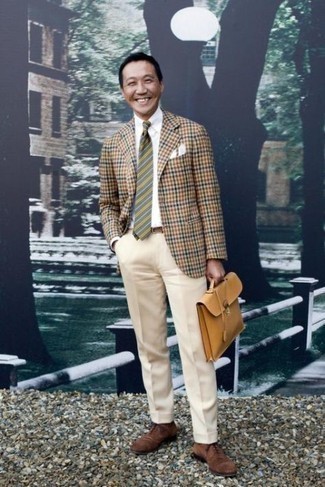 Tan Gingham Blazer Outfits For Men: 