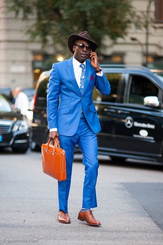 Men's Tobacco Leather Brogues, Blue Dress Pants, White Dress Shirt, Blue Blazer