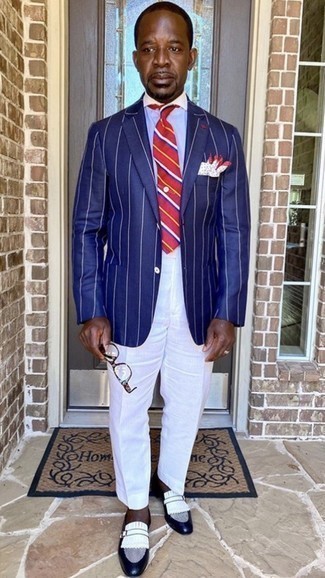 Navy Vertical Striped Blazer Outfits For Men After 50: 