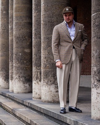 Dark Brown Gingham Blazer Outfits For Men: 