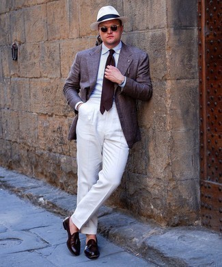 White and Brown Vertical Striped Dress Shirt with Dark Brown Plaid Blazer Outfits For Men: 