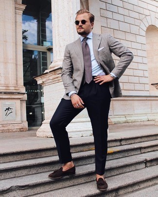 Dark Brown Print Tie Outfits For Men: 