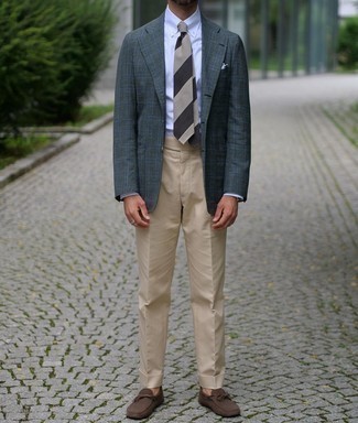 Dark Green Plaid Blazer Outfits For Men: 