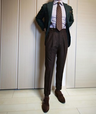 Dark Green Check Wool Blazer Dressy Outfits For Men: 