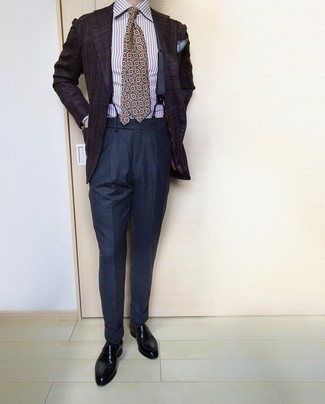 Dark Brown Plaid Blazer Summer Outfits For Men: 