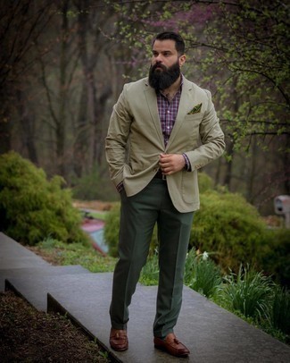 Olive Blazer with Dress Shirt Outfits For Men: 