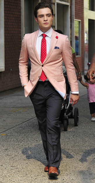 Pink Blazer with Brown Leather Brogues Outfits: 