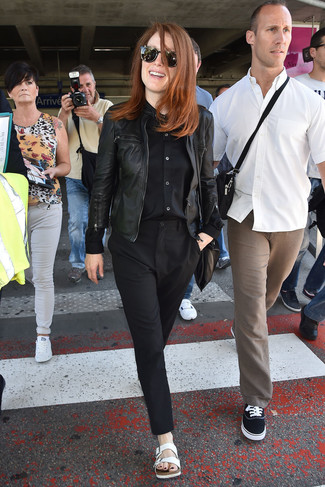 Julianne Moore wearing White Leather Flat Sandals, Black Dress Pants, Black Dress Shirt, Black Leather Bomber Jacket