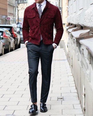 Burgundy Suede Bomber Jacket Outfits For Men: 