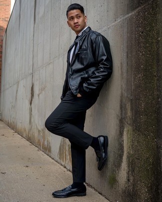 Black Leather Bomber Jacket Dressy Outfits For Men: 