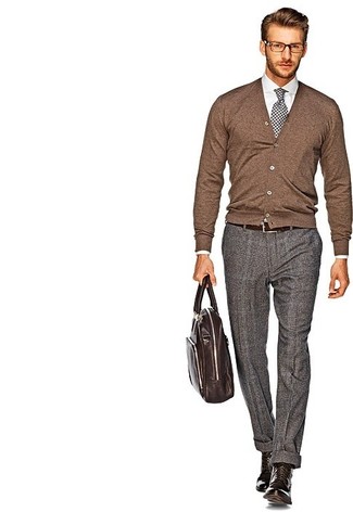 Men's Brown Leather Casual Boots, Grey Plaid Wool Dress Pants, White Dress Shirt, Brown Cardigan