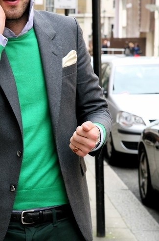 Green Crew-neck Sweater Dressy Outfits For Men: 
