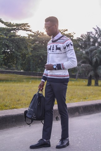 White Christmas Crew-neck Sweater Outfits For Men: 