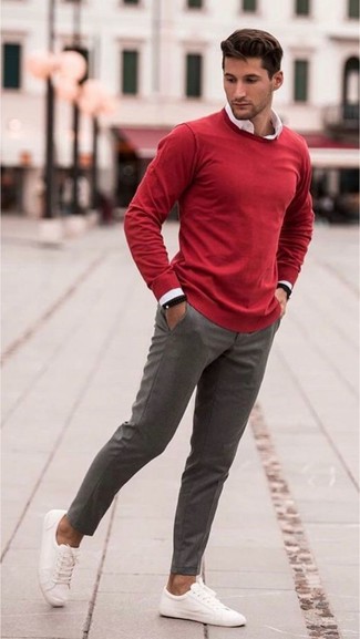 Men's White Canvas Low Top Sneakers, Grey Wool Dress Pants, White Dress Shirt, Red Crew-neck Sweater