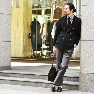 Men's Black Leather Loafers, Grey Dress Pants, White and Black Vertical Striped Dress Shirt, Black Wool Double Breasted Blazer
