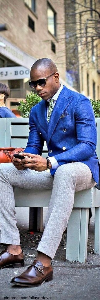 Blue Wool Double Breasted Blazer Outfits For Men: 