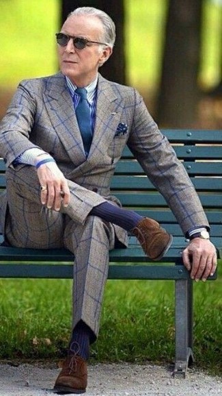 Grey Check Wool Double Breasted Blazer Warm Weather Outfits For Men: 