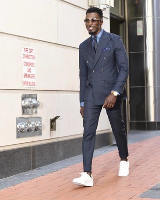 Men's White Low Top Sneakers, Charcoal Dress Pants, Light Blue Dress Shirt, Charcoal Double Breasted Blazer