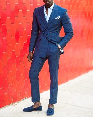 Blue Check Dress Pants Outfits For Men: 