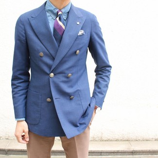 Blue Double Breasted Blazer Outfits For Men: 