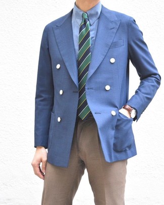 Men's Navy and Green Horizontal Striped Tie, Brown Dress Pants, Blue Dress Shirt, Blue Double Breasted Blazer