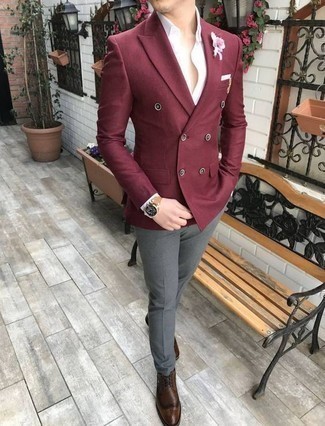 Men's Brown Leather Brogues, Grey Dress Pants, White Dress Shirt, Burgundy Double Breasted Blazer