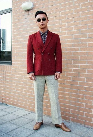 Burgundy Double Breasted Blazer Outfits For Men: 