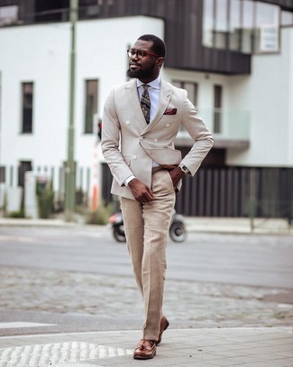 Beige Check Double Breasted Blazer Outfits For Men: 