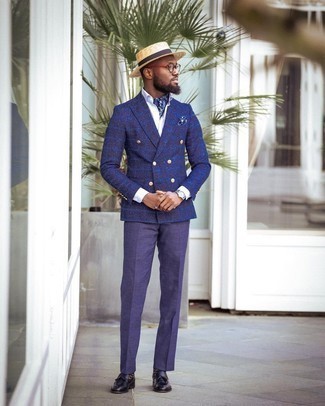 Navy Check Double Breasted Blazer Outfits For Men: 