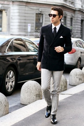 Black Leather Derby Shoes with Grey Wool Dress Pants Outfits: 