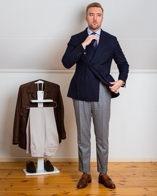 Navy Double Breasted Blazer Outfits For Men: 
