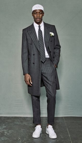 Grey Vertical Striped Tie Spring Outfits For Men: 