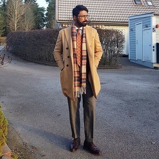 Tan Plaid Scarf Dressy Outfits For Men: 