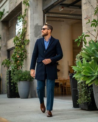 Navy Wool Dress Pants Outfits For Men: 