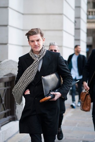 White and Black Houndstooth Scarf Chill Weather Outfits For Men: 