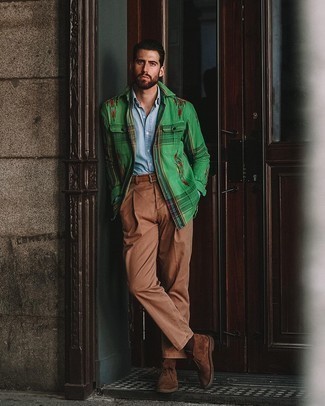 Green Print Shirt Jacket Outfits For Men: 