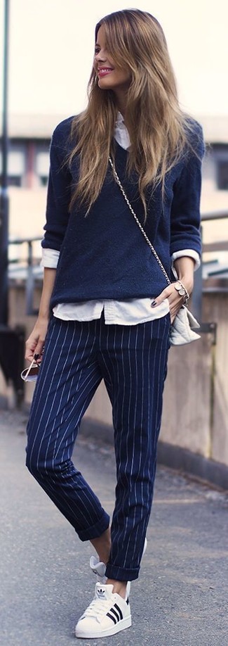 Women's White Low Top Sneakers, Navy Vertical Striped Dress Pants, White Dress Shirt, Navy V-neck Sweater
