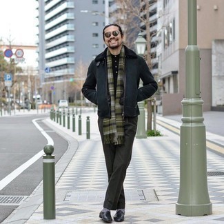 Olive Plaid Scarf Outfits For Men: 
