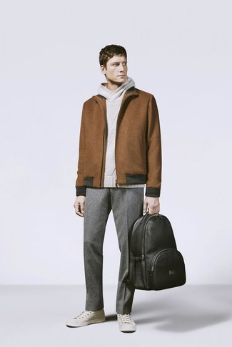 Brown Wool Harrington Jacket with Grey Wool Dress Pants Outfits: 
