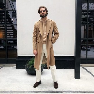 Beige Hoodie with Dress Pants Spring Outfits For Men: 