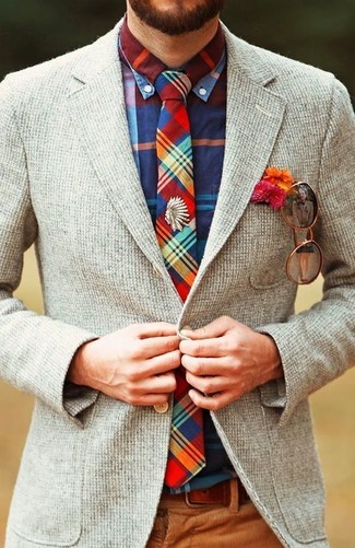 Multi colored Plaid Tie Outfits For Men: 
