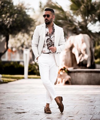 White and Black Print Long Sleeve Shirt Outfits For Men: 