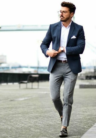 White Long Sleeve Shirt with Grey Wool Dress Pants Outfits For Men: 