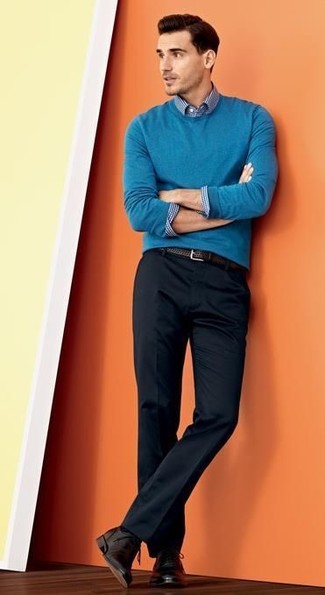 Light Blue Crew-neck Sweater Outfits For Men: 