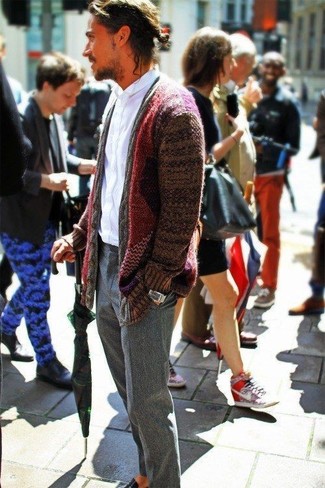 Burgundy Shawl Cardigan Outfits For Men: 