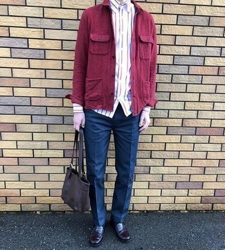 Men's Burgundy Leather Loafers, Navy Dress Pants, White and Red Vertical Striped Long Sleeve Shirt, Purple Shirt Jacket