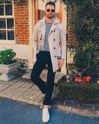 Men's White Canvas Low Top Sneakers, Black Dress Pants, White and Navy Horizontal Striped Long Sleeve T-Shirt, Beige Trenchcoat